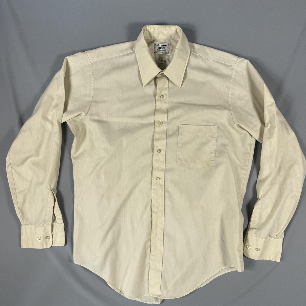 Vintage Arrow Kent Shirt Mens 16 34/35 Beige Long Sleeve Dress 70s 80s